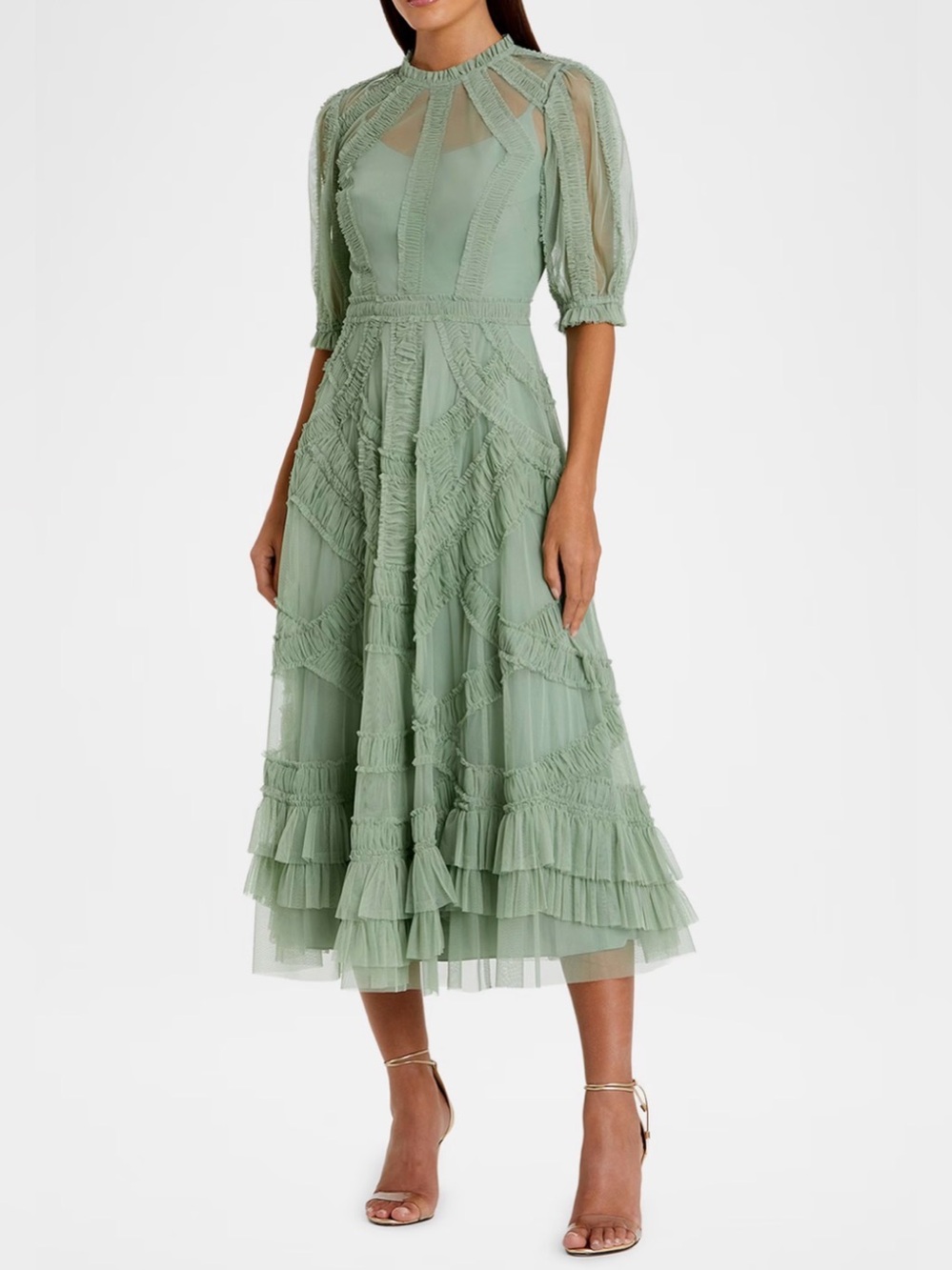 Mac Duggal Sage Green High-Neck Ruffled A-Line Midi Dress